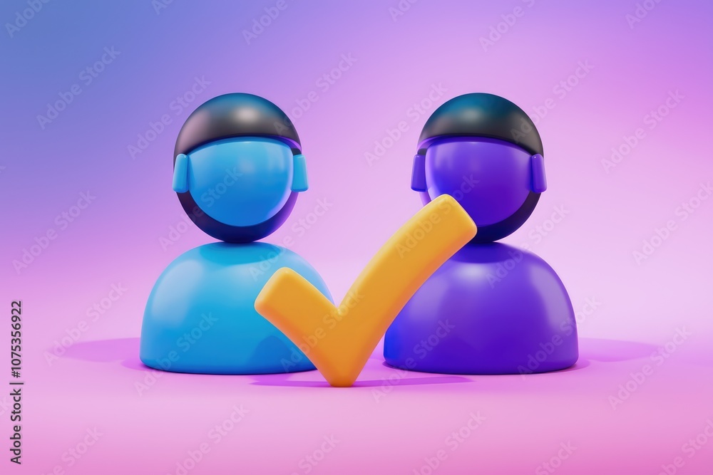 Aufkleber Two 3D figures with a checkmark in between  representing acceptance or agreement.