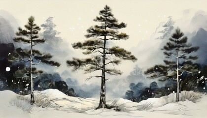 소나무에 소복하게 쌓인 눈 동양화