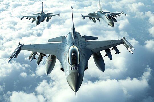 Three f-16 fighting falcon jets are soaring through a cloudy sky, showcasing their impressive aerial capabilities and teamwork during a military exercise