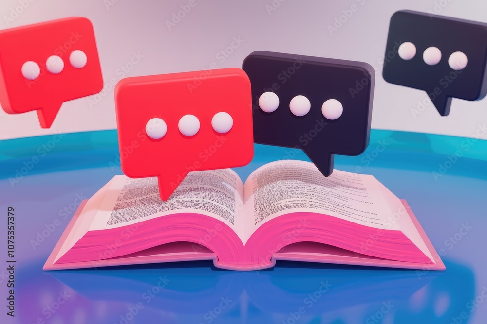 Fototapete three speech bubbles above an open book representing comments or discussion.