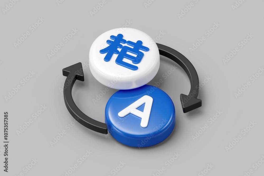Poster Two 3D circles with Chinese character and letter A  connected by black arrows in a circular motion.