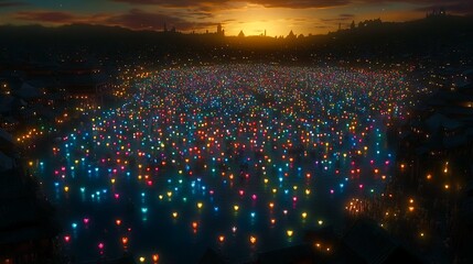 A City at Dusk with Floating Lanterns on a River
