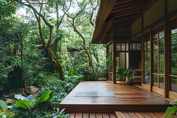 Luxurious jungle villa featuring a wooden terrace with a yoga mat, surrounded by lush tropical vegetation, offering a serene and private retreat for relaxation and wellness