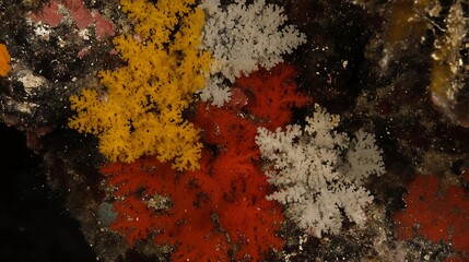 Fototapeta premium Yellow, Red, and White Soft Corals Growing on a Black Underwater Rock