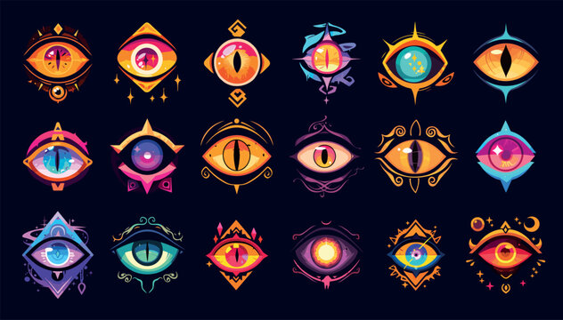 Cartoon magic eyes. Mystic talismans, occult wizard witch emblem, esoteric eyes long iris spiritual tattoo set vector illustration