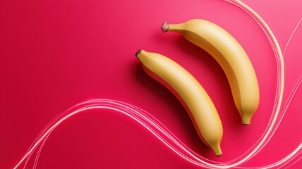 Bright Yellow Bananas on a Vibrant Pink Background with Creative Light Trails for Freshness and Energy Representation in Food Imagery