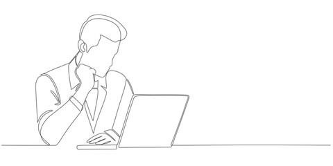 continuous one line drawing of man sitting using laptop computer, for business vector illustration
