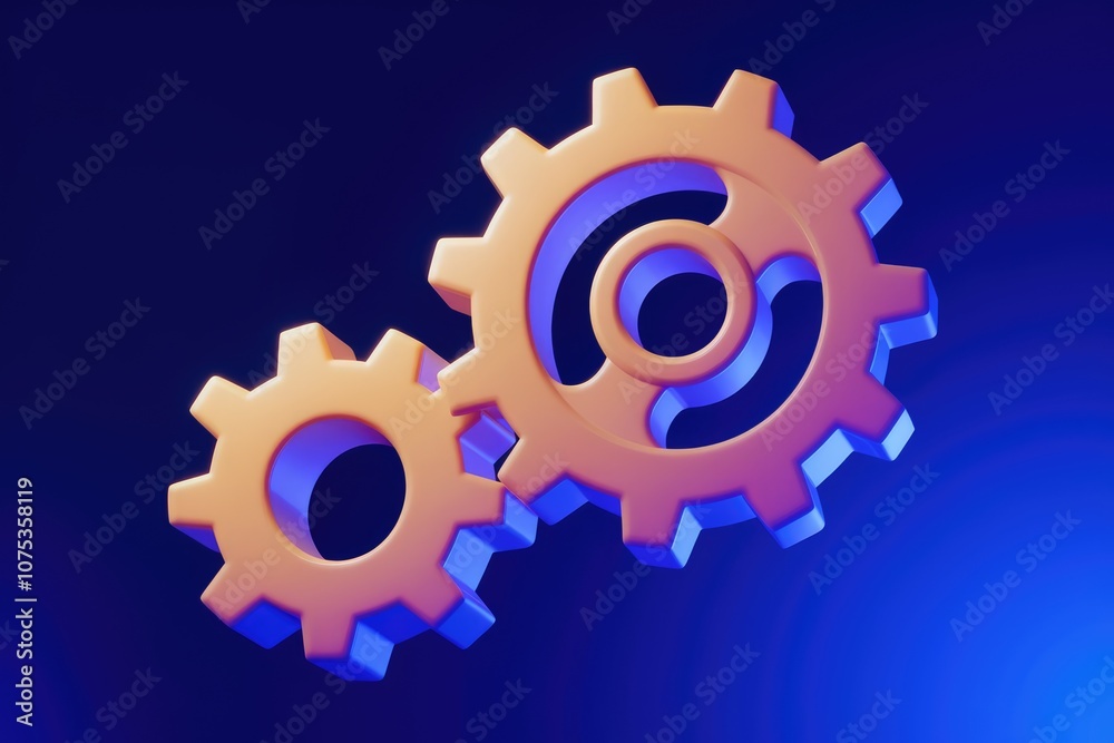 Poster Two 3D gears interlock  signifying teamwork and collaboration.