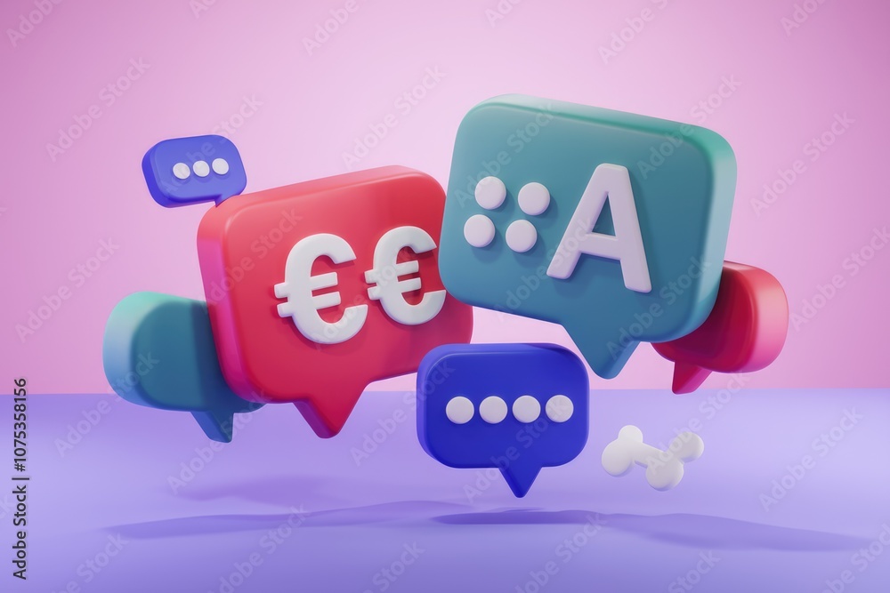 Poster 3d render of speech bubbles with euro symbol and letter a.