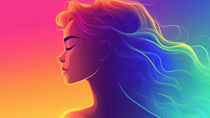Line art illustration featuring a rainbow gradient depicting a cartoon woman