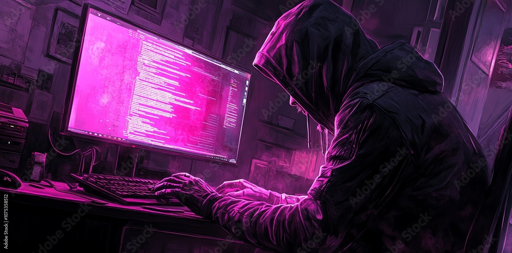 Aufkleber hooded hacker typing code in a dark room with pink lighting.