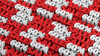 Red and white 60% off sale offer background. 10 to 90 percent discount sale signs in a rows for flash sale, cyber week, mega sale, black friday, black week advertising and discount promotion offer.