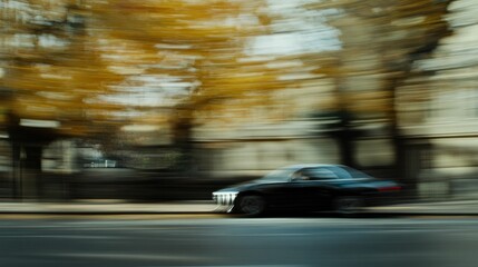 Black car in motion during autumn on a blurred street with yellow leaves, capturing the essence of speed and season s change Perfect for transportation and seasonal themes