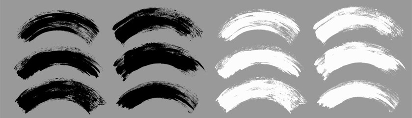 Brush stroke vector. Painted curves, arc lines, isolated. Grunge curvy backgrounds. Textured design elements. Black and white brush options