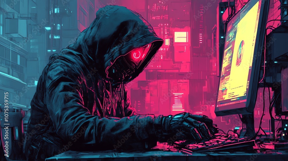 Leinwandbilder A hooded figure sits in front of a computer in a dimly lit room, typing on a keyboard.