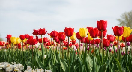 Fototapeta premium Vibrant tulip garden in spring bloom blue sky