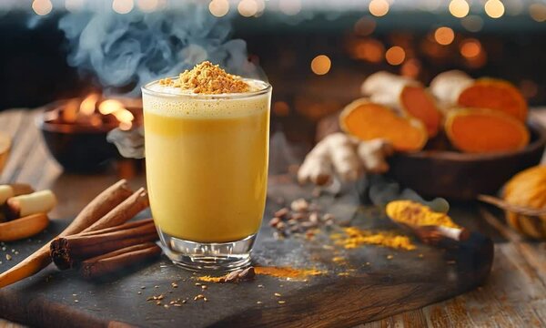 Turmeric milk in a glass on a wooden table