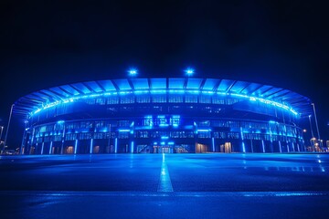A modern stadium illuminated in blue at night with an empty parking lot in front.