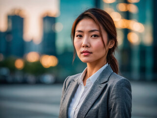 Portrait of young Asian businesswoman on defocused background of business center	