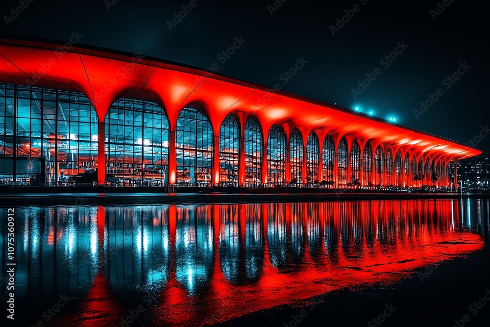 Poster a modern building with a red neon light reflecting in a puddle of water at night.