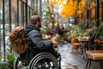 Obraz premium Inclusive workspace with wheelchair accessibility amidst lush greenery