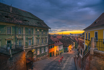 Sibiu, Romania. Historical downtown of medieval Saxon city in famous Transylvania, travel site in Eastern Europe.