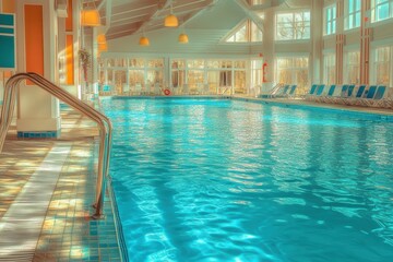 Obraz premium Professional lifeguard monitoring a spacious indoor swimming pool for safety and relaxation