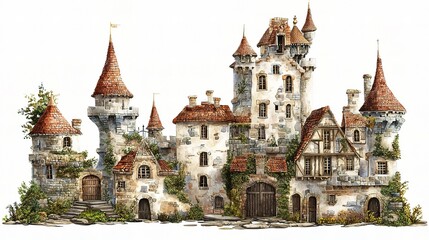 Obraz premium Whimsical Fairy Tale Castle Illustration Surrounded by Lush Greenery, Invoking a Sense of Enchantment and Imagination Perfect for Fantasy-Themed Projects