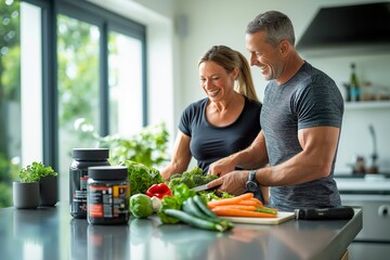 A couple joyfully preparing a healthy meal together in a sunlit kitchen, surrounded by fresh vegetables and wholesome ingredients