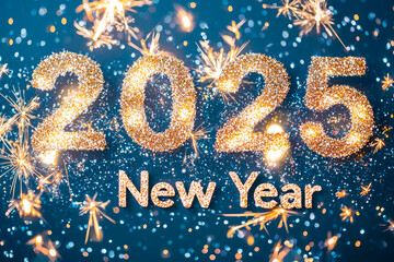 2025 Happy New Year" Celebration With Glitter And Fireworks on blue background