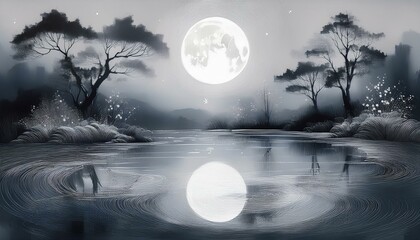 Fototapeta premium 연못의 물결에 반사되는 달빛 동양화