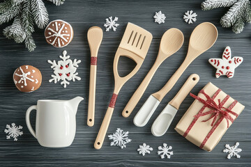 Festive kitchen tools and holiday cookies arranged with decorations on a wooden table during the winter season. Generative AI