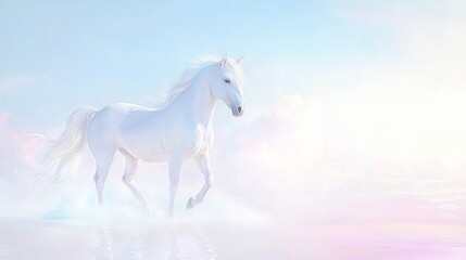 Whimsical Illustration of an Isolated White Unicorn in a Dreamy Background with Soft Hues and Ethereal Atmosphere