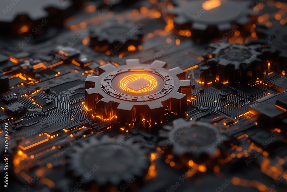 Poster Close-up of a glowing orange processor chip surrounded by gears and circuit board.