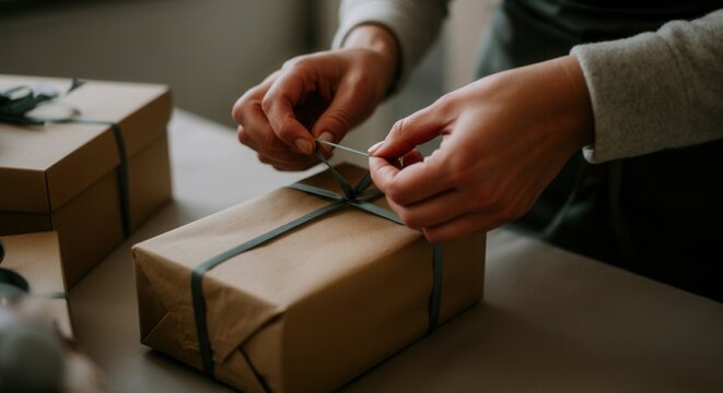 Handcrafted gift wrapping with natural materials ribbon