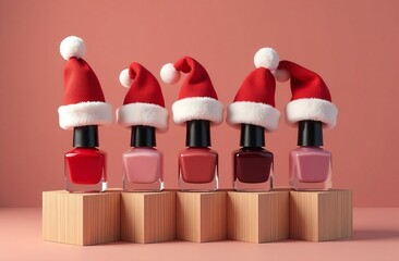 Set for manicure nail polishes in christmas santa hats stand on a wooden podium