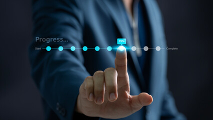 Interactive Progress Tracking. BusinessmanTouching Digital Progress Bar to Monitor Goal Achievement...
