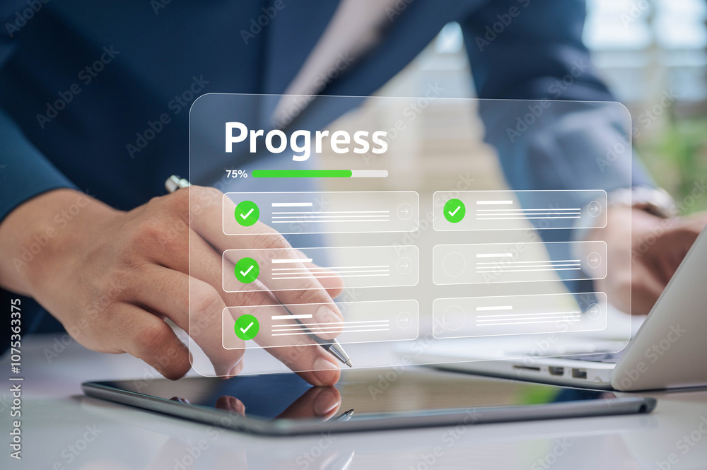 Poster Corporate Progress Tracking with Digital Check Marks. Professional Using Tablet Interface to Monitor Task Completion, Emphasizing Productivity, Goal Management, Seamless Workflow and Data Tracking