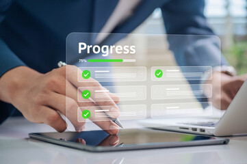 Corporate Progress Tracking with Digital Check Marks. Professional Using Tablet Interface to Monitor Task Completion, Emphasizing Productivity, Goal Management, Seamless Workflow and Data Tracking