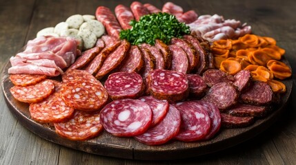 Obraz premium Rustic cured meat assortment in dim lighting, classic charcuterie ambiance
