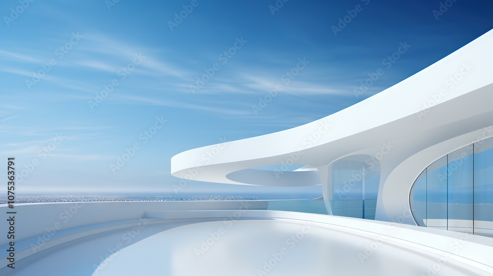 Poster Abstract architecture scene with smooth curves. Abstract background with futuristic building in white and blue colors.