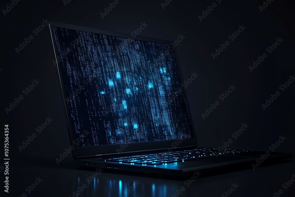 Poster A laptop with a glowing blue binary code on the screen.