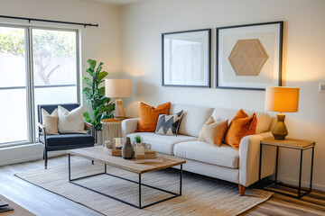 Cozy living room with modern decor featuring neutral tones and vibrant accents in a bright, inviting space on a sunny day. Generative AI