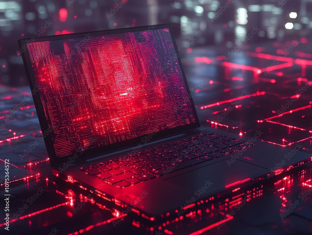 Poster A black laptop computer with a red glow in the background. The screen is displaying a red and black image of a cityscape with glowing lights.