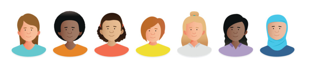 Illustrated 2D female flat simple characters profile images. Cropped headshots. Diverse colorful characters. Easy to edit.