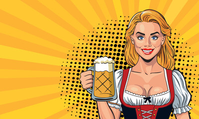 Pop art beautiful woman holding a glass of beer in her hand. Oktoberfest celebration, smiling blonde woman in traditional German costume isolated on yellow pop art background.