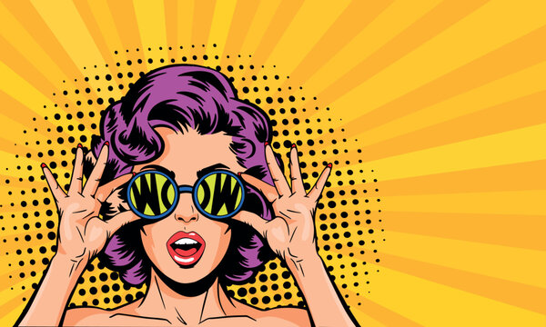 Young girl in pop art style wearing glasses with the inscription wow. On a yellow background. Pop art vector comic style