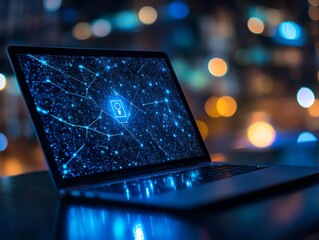 A laptop with a glowing blue digital lock icon on the screen, representing cybersecurity, data protection, and online security.