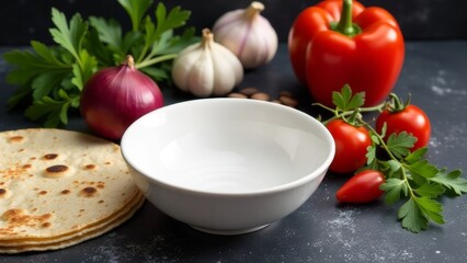 empty white bowl on a dark stone background. Cold tomato soup, ingredients for making gazpacho, tomatoes, basil, herbs, peppers, pita bread, 