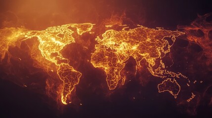 A fiery, glowing outline of the Earth with continents and landmasses depicted.